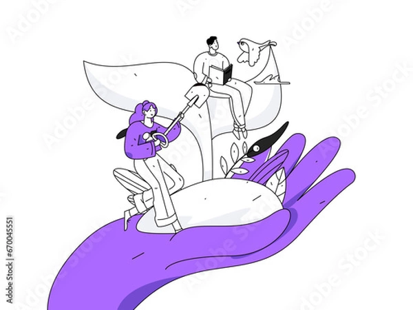 Fototapeta Flat character vector concept operation hand drawn illustration of planting trees on Arbor Day in spring
