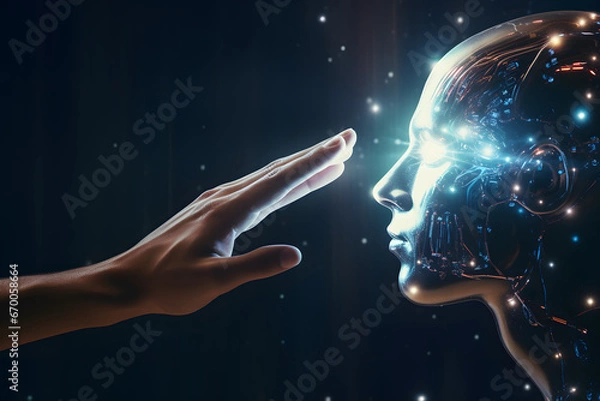 Fototapeta A hand nears a luminescent android head amidst a starry dark backdrop