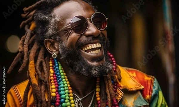 Obraz Smiling Jamaican adult with fashionable beard and tribal necklace in headshot portrait