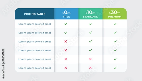 Obraz Business plan pricing table. Comparison table infographic.