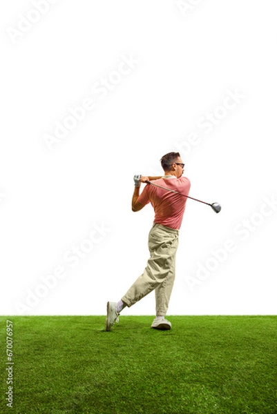 Fototapeta Back view. Golfer hit sweeping driver after hitting golf ball down fairway at golf club. Hobby in holiday and vacation with friends.