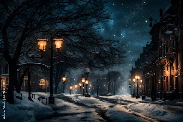 Fototapeta streets yellow lights  brightning the darken way in the street with trees and moon shinning on the sky with fully brightness 