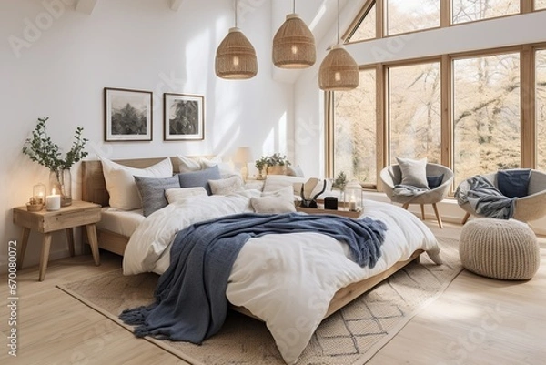 Fototapeta navy blue bedding against art panel in a combination of boho and japandi bedroom interior style