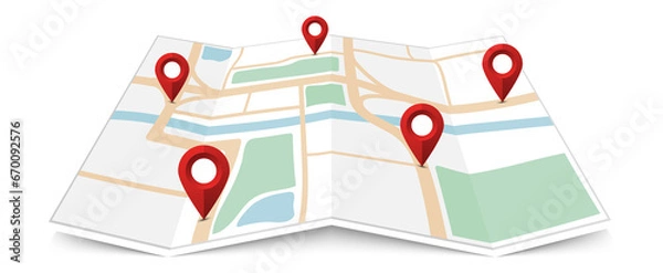Fototapeta Folded paper city map with red pin pointer