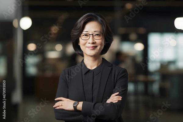 Obraz Senior Asian female manager smiling with arms crossed, dark office outfit, & eyeglasses, standing against a blurred brown interior background