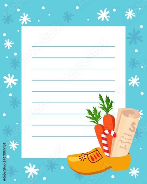 Obraz Dutch Saint Nicholas letter vector blank template with cute illustration of wooden shoe with carrots and candy. Sinterklaas 