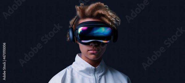 Fototapeta Girl with frizzy hair wearing a VR headset, virtual reality glasses to navigate the metaverse, dark background