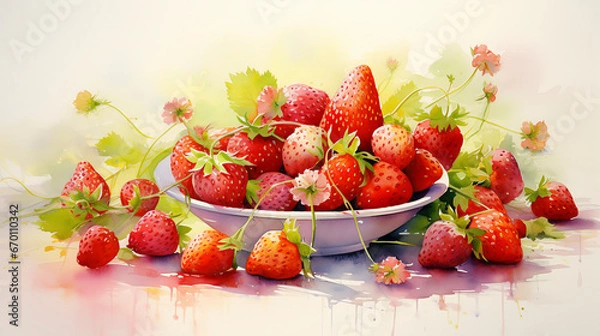 Fototapeta Sommerliche Erdbeeren-Idylle, Ein impressionistisches Aquarell der reifen Früchte in weißer Keramik, umrahmt aus Grün- und Rosatönen