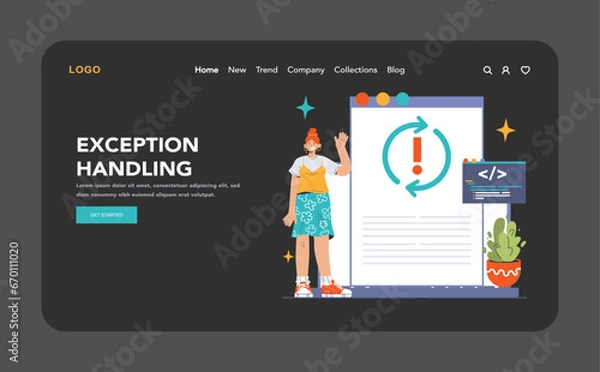 Fototapeta Software testing web banner or landing page dark or night mode. Code testing and debugging. IT specialist searching for bugs. Website and application development. Flat vector illustration