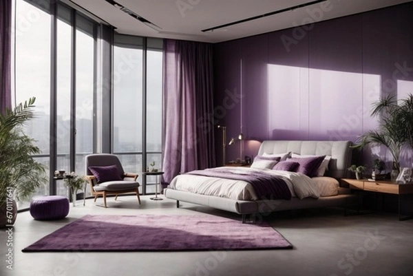 Obraz A spacious bedroom in grey and purple tones with glass walls 