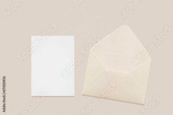 Fototapeta Wedding stationery invitation card mockup 5x7 and beige envelope on neutral beige background, bridal shower mockup. Minimal blank card mockup, thank you card, greeting card