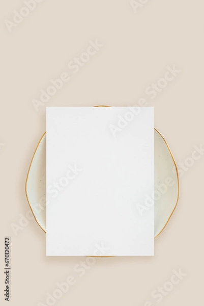 Fototapeta Wedding stationery invitation card mockup 5x7 on neutral beige background, bridal shower mockup Minimal blank card mockup, thank you card, greeting card