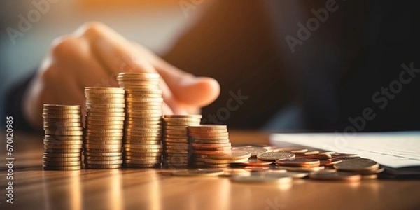 Obraz Business banner with copy space. Hand putting money coin stack with growing business.