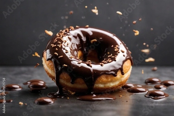 Obraz doughnut with splashes of chocolate glaze on a gray background 