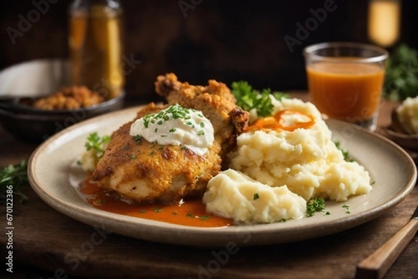 Obraz stuffed chicken with mashed potato and sauce