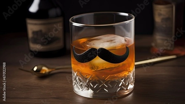 Fototapeta Cocktail Sharpie Mustache, includes: Dry Gin, Amaro, fortified wine (Mistel), fragrant bitter, decorated mustache orange peel. Great idea for Father's Day. 