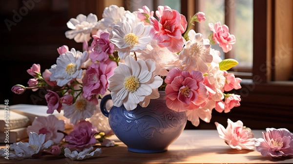 Fototapeta Beautiful flowers in a vase on a wooden table for decoration in the living room, colorful flowers | Generative AI