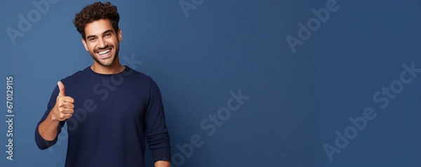 Obraz Portrait of smiling young man showing thumbs up on a blue background
