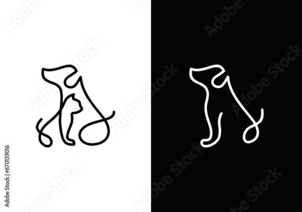 Fototapeta dog and cat logo design. pet care white linear style concept element symbol vector illustration.	
