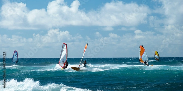 Obraz Windsurfers in windy weather on Maui Island panorama