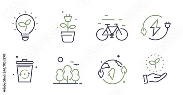 Fototapeta Ecology and Environment related line icons set. Nature and Renewable Energy linear icon. Collection of eco friendly line vector signs.