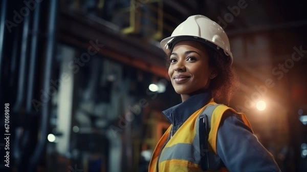 Fototapeta Portrait of black female engineer worker or industrial maintenance worker enjoy working in factory generative ai