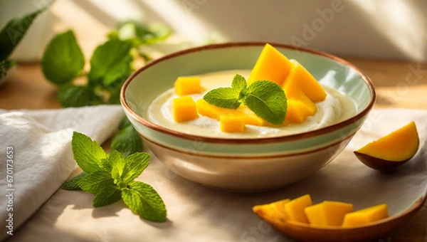 Fototapeta delicious dessert panna cotta with mango
