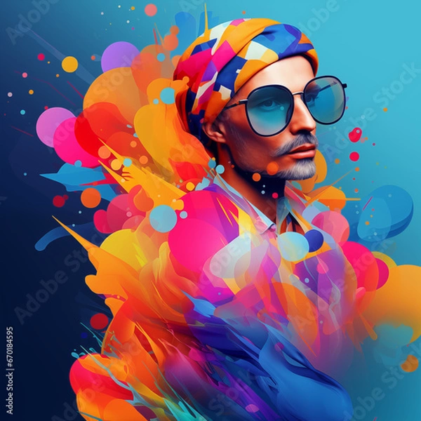 Fototapeta Art portrait of a handsome young man decorated with elements of abstract art using bright, multicolor acrylic paints. 