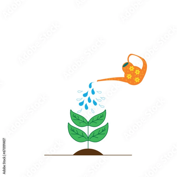 Obraz The plant is watered from a watering can. White background. Vector illustration in flat style