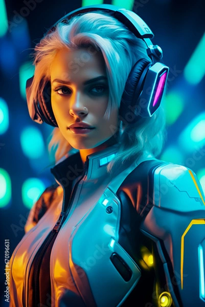 Obraz Futuristic woman with headphones and futuristic suit is looking at the camera.