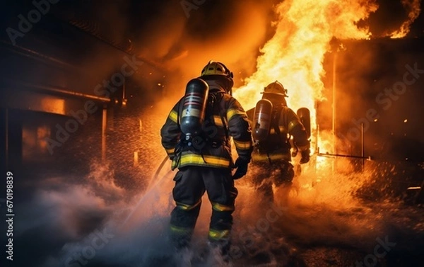 Fototapeta Braving the Blaze: Firefighters Tackle Flames with Twirl Water Fog Extinguisher. Generative ai