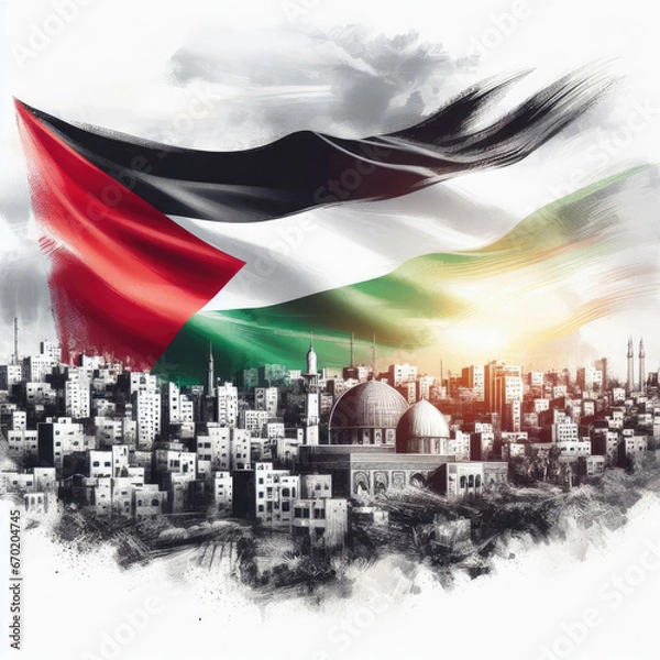 Fototapeta Palestinian flag on the image of Palestine and Gaza