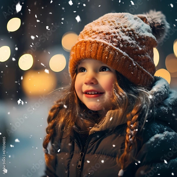 Fototapeta Little girl with Christmas lights,  enjoying the holidays outdoors in snowfall, happy girl, Christmas, winter, december