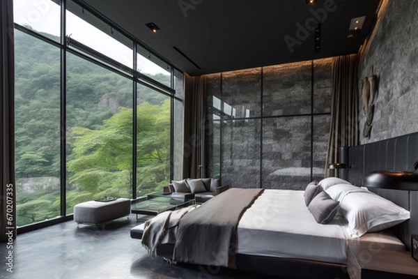 Obraz Hotel room with panoramic windows overlooking the forest and mountains, a panorama of the mountain landscape and tranquility, mountain, clean air. Camping