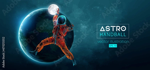 Fototapeta Abstract silhouette of a handball player astronaut in space action and Earth, Moon planets on the background of the space. 3d render. Vector illustration
