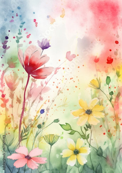 Fototapeta watercolor illustration background of beautiful flowers in a very loose and handmade style, with bright gradients and loose watercolor washes.