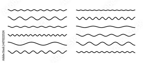 Fototapeta Set of wavy lines. Various horizontal wave lines isolated on white background. Collection of abstract underlines, wavy curve line for brushes. Geometric decoration element. Vector illustration