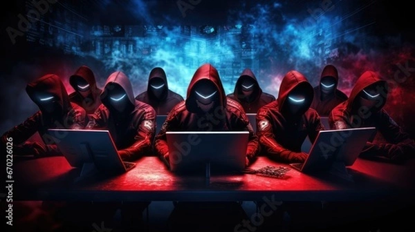 Fototapeta A high-tech, intense image featuring a blue team and a red team in sleek hacker-like attire. They defend a network against a breach, using encryption algorithms and glowing lines. The dark background