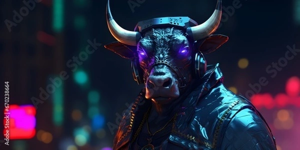 Fototapeta "Electric Horns: The Urban Rhythms of the Cyborg Bull" | Background Design | Generative AI Artwork