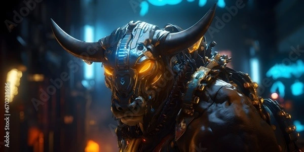 Fototapeta "Electric Horns: The Urban Rhythms of the Cyborg Bull" | Background Design | Generative AI Artwork