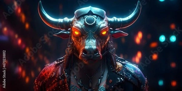 Fototapeta "Cyber Stampede: The Bull in the Beat" | Background Design | AI Generated Artwork