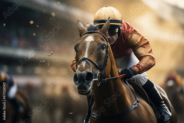 Fototapeta A jockey skillfully riding a racehorse around a crowded racetrack, symbolizing the Concept of equestrian sports and racing. Generative Ai.