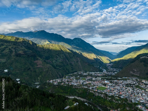 Fototapeta Beautiful aerial view of the Ecuadorian Andes at sunset. City of Banos.