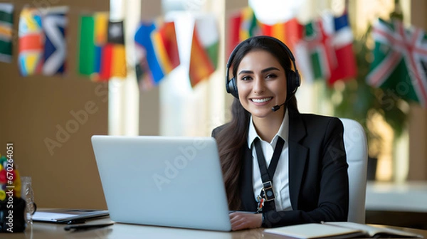 Obraz Beautiful smiling multilingual female interpreter wearing a headset with microphone, sitting at her desk with a laptop, international flags behind her