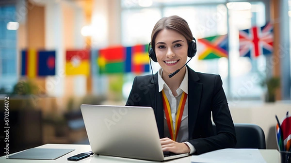 Obraz Smiling multilingual female virtual assistant wearing a headset with microphone, sitting at her desk with a laptop, international flags behind her