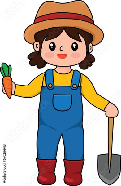 Obraz Cute Farmer Girl Hold Carrot and Shovel Kawaii Cartoon Vector Illustration