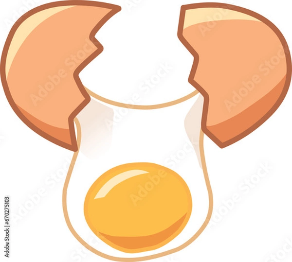 Obraz Cracked Eggshell Illustration, Broken Eggshell, Cracked Egg with Yolk, Eggshell Split with Whole Egg Vector Illustration