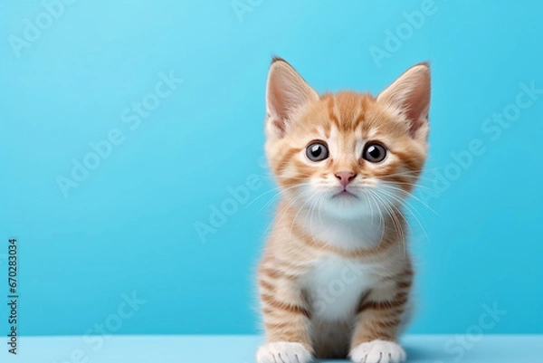 Fototapeta The portrait of a lovely orange  gray  kitten  cat isolated on the blue background shot in the studio, Generative AI.