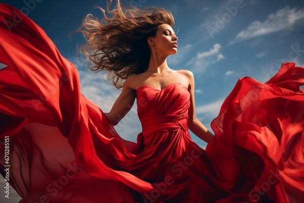 Fototapeta A beautiful stunning latin woman is wearing a dress with eyes closed with flying waving red fabric with a sky as background ; a full waving red dress