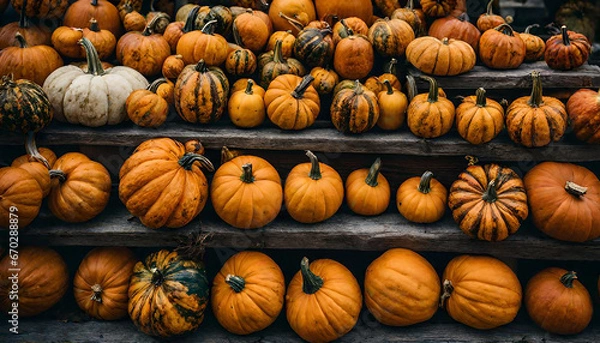 Obraz Colorful pumpkins and gourds on autumn market. Autumn thanksgiving background.